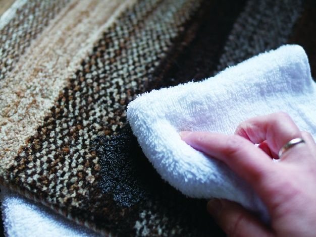 固く絞った濡れタオルで、ギャッベを毛並みに沿って拭いているところ